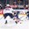 COLOGNE, GERMANY - MAY 18: USA's Noah Hanifin #55 with a scoring chance against Finland's Harri Sateri #29 while Joonas Kemppainen #23 looks on during quarterfinal round action at the 2017 IIHF Ice Hockey World Championship. (Photo by Andre Ringuette/HHOF-IIHF Images)

